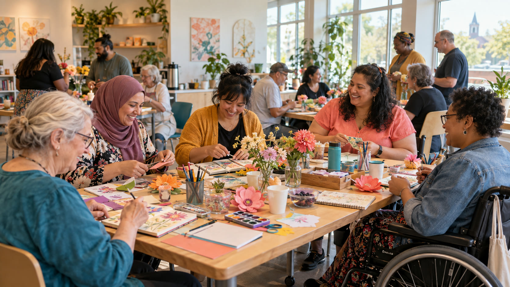 Community members of different ages and abilities taking part in a shared creative gathering