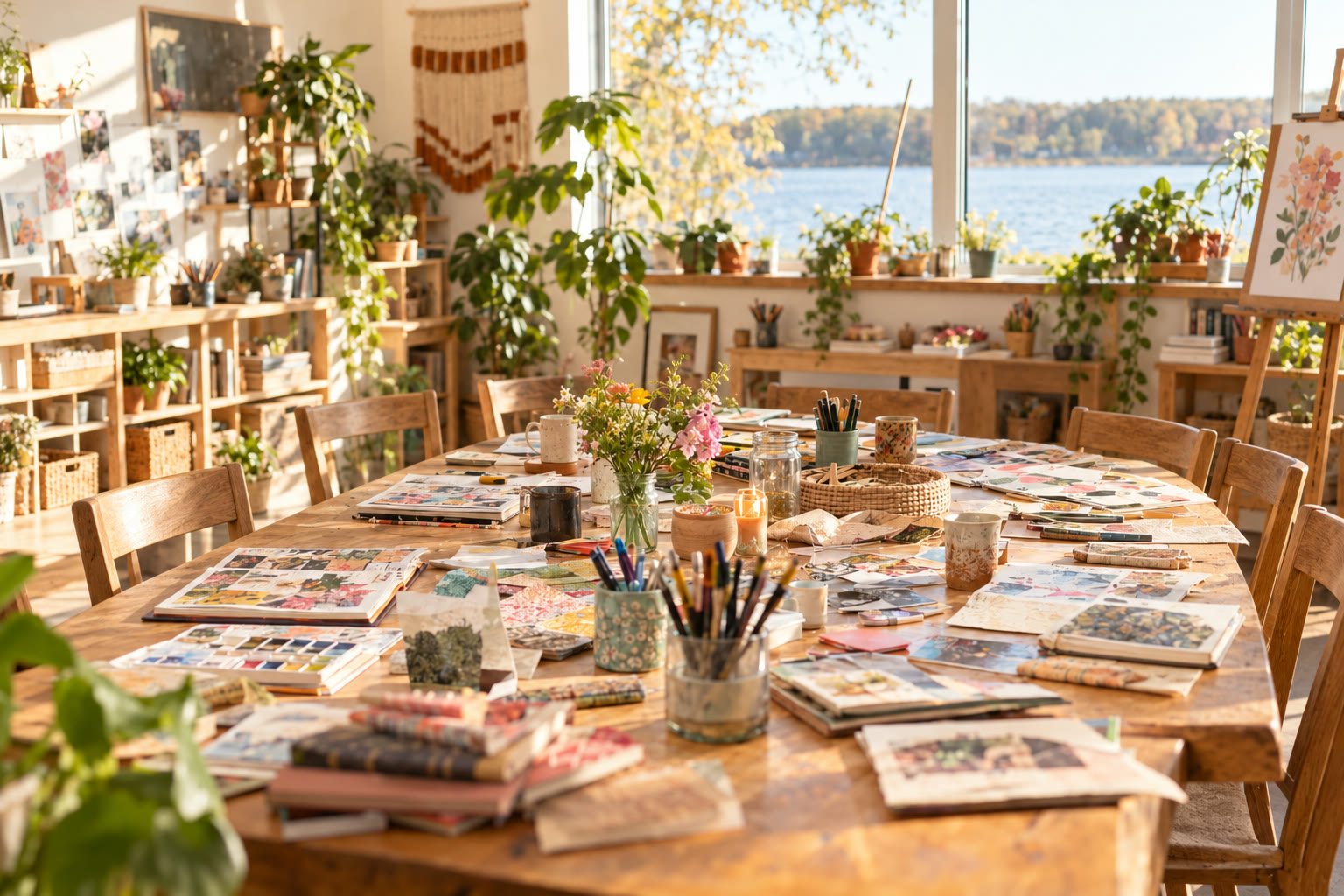 An inviting sunlit creative studio with a communal table prepared with journals, art materials, flowers, and empty chairs