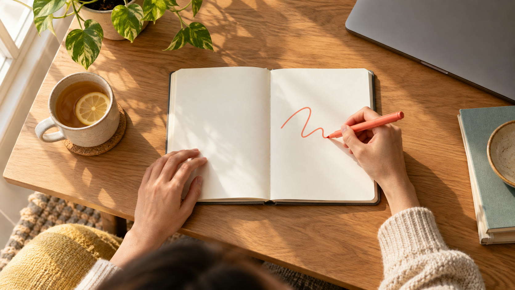 Hands using a coral marker in an open journal on a sunlit table